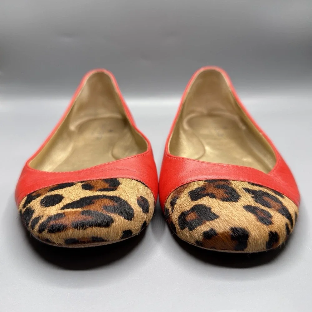 Kate Spade New York Coral Red Leather Cheetah Calf Hair Cap Toe Flats Womens 8.5